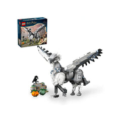 LEGO Harry Potter Buckbeak construction set featuring a detailed, posable Hippogriff and elements from Hagrid's yard, including pumpkins.