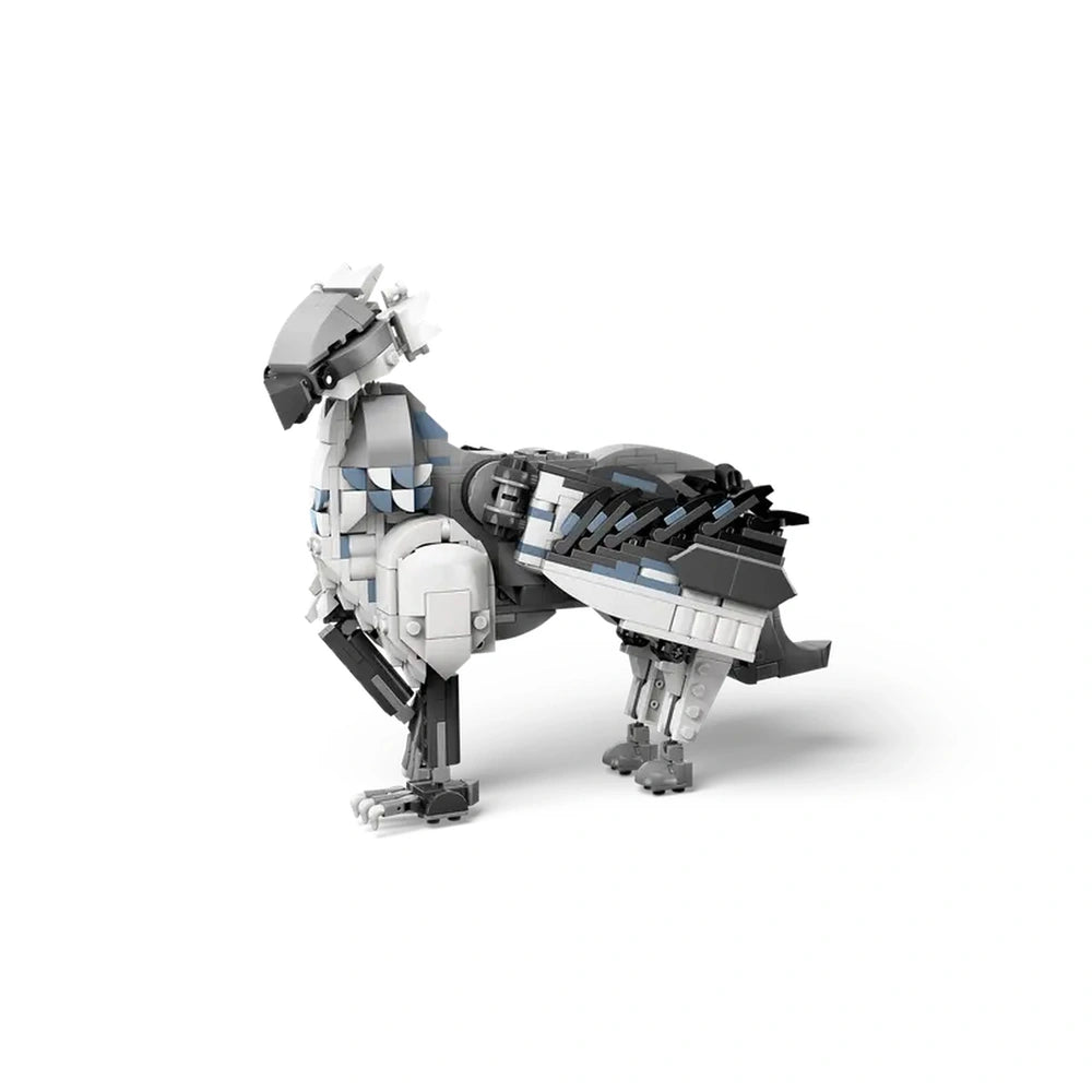 LEGO Harry Potter Buckbeak construction set, depicting a posable Hippogriff in gray and white, showcasing detailed wings and features.