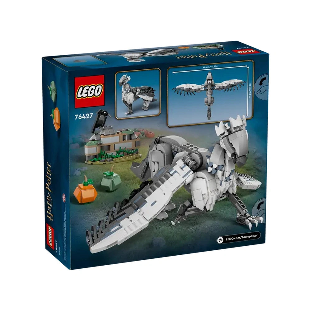 LEGO Harry Potter Buckbeak construction set box featuring the posable Hippogriff, Hagrid's yard, pumpkins, and bird figure.