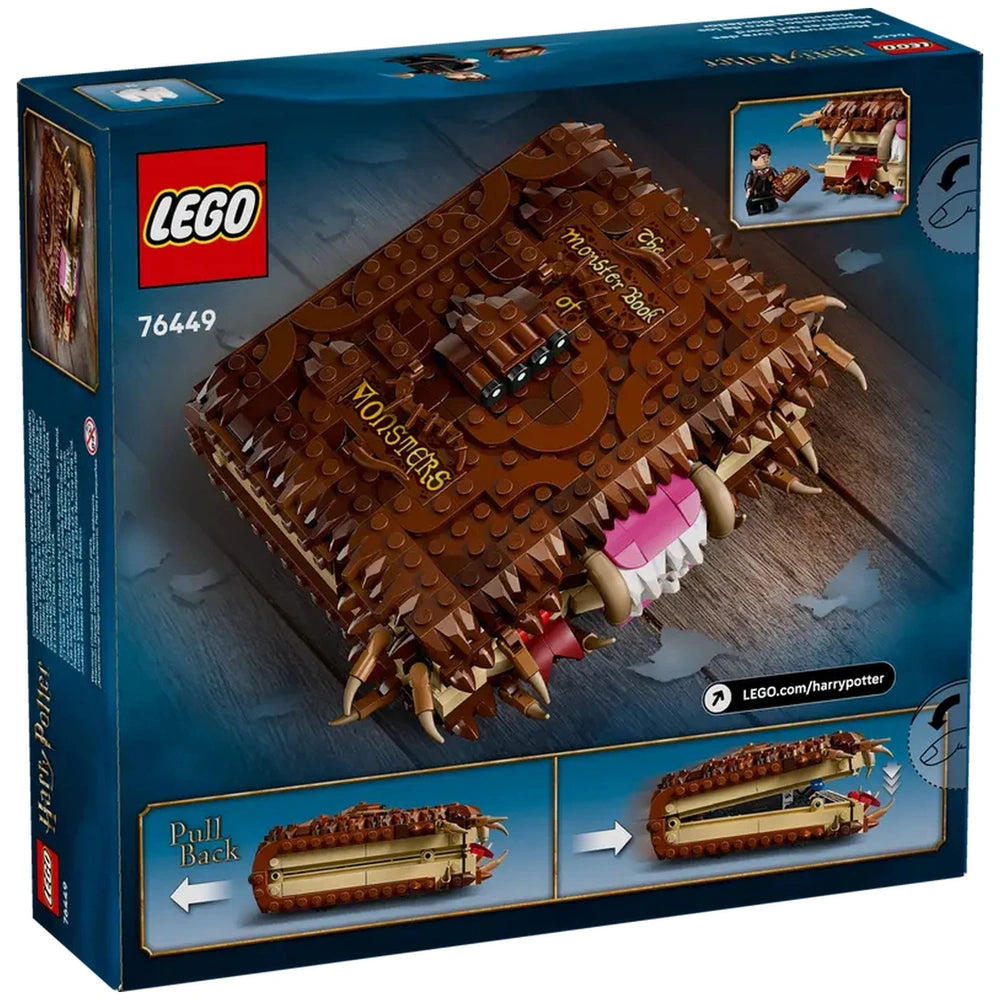 LEGO Harry Potter Chomping Monster Book of Monsters set, featuring a furry cover, teeth, and claws, displayed in a colorful box.