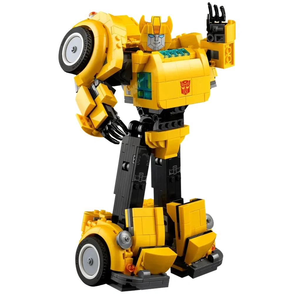 Lego Bumblebee construction set in robot form, featuring a vibrant yellow design with articulated limbs and iconic Autobot insignia.