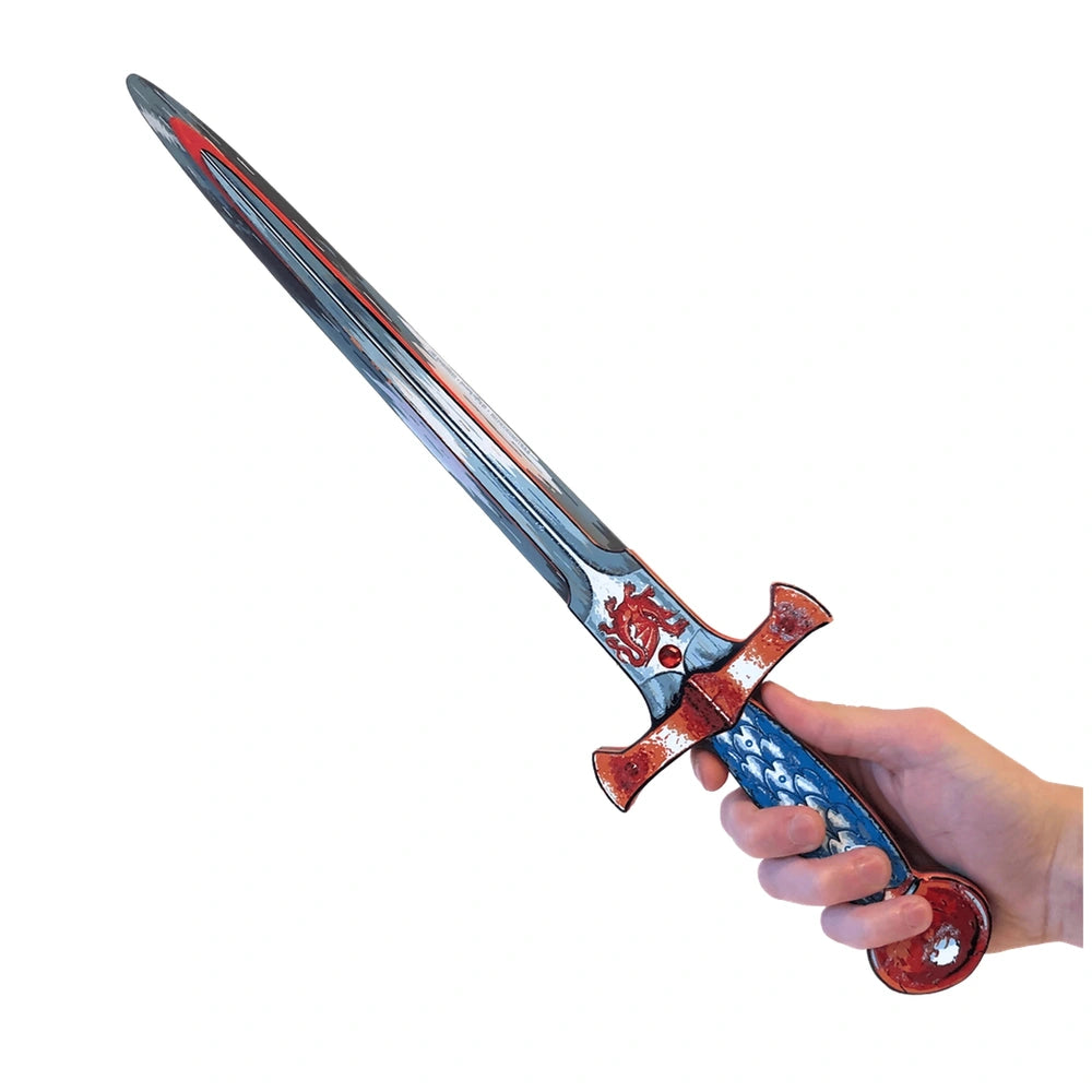 Amber Dragon Sword features a red handle, silver blade with red stripe, blue pattern, and a black grip, ideal for role-playin