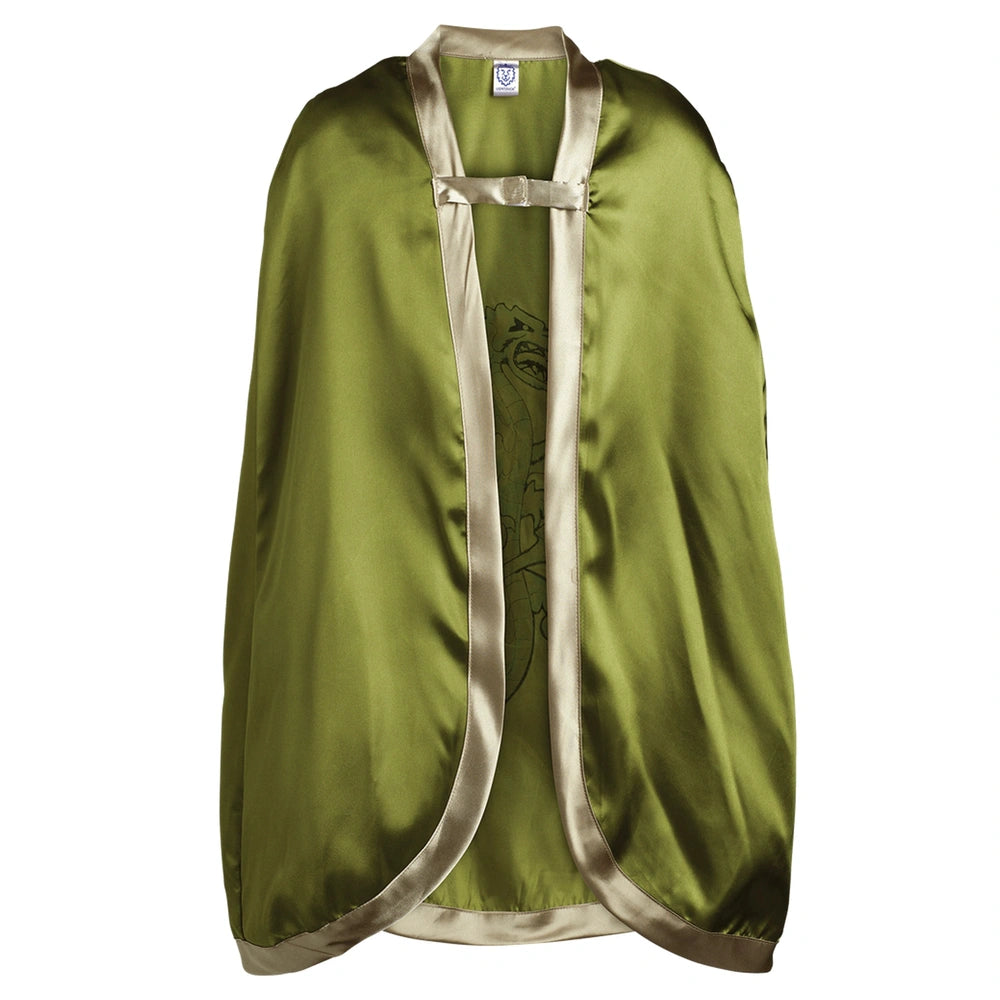 Green dragon cape with tan trim, featuring a fantasy design, ideal for pretend professions and role playing.