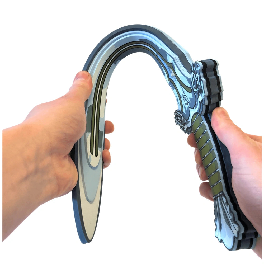 Liontouch Dragon Sword in blue and gray gradient, featuring a curved shape, handle, and side button, made of smooth, glossy m