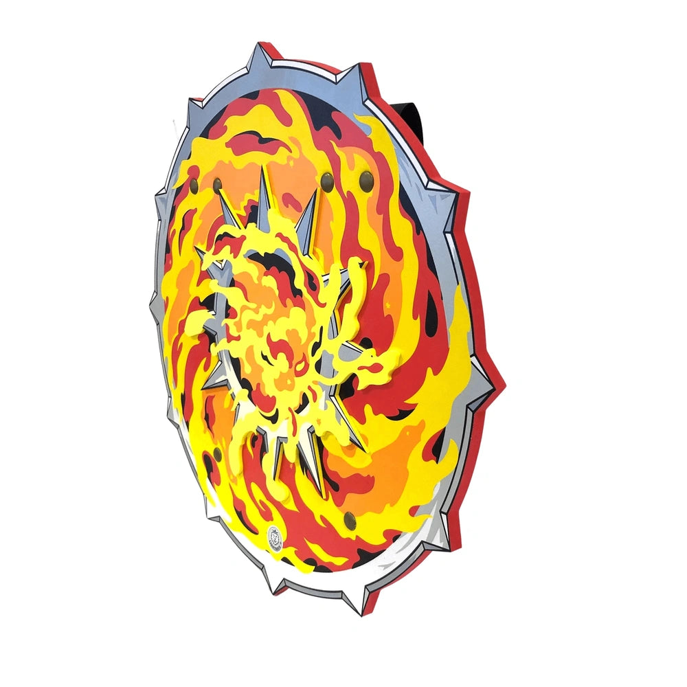 Liontouch Flame Shield with a metallic sheen, featuring a gradient of yellow, orange, and red, and sharp angular points.