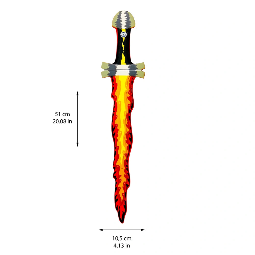 Liontouch Flame Sword with a reflective metal blade featuring a red and yellow flame design and a black and yellow striped ha