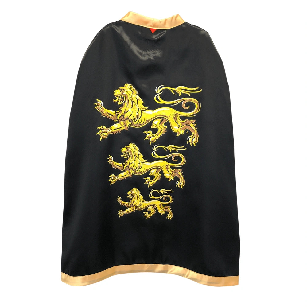 Black Liontouch King Cape with yellow design, featuring a hood, collar, long sleeves, pockets, and front zipper.