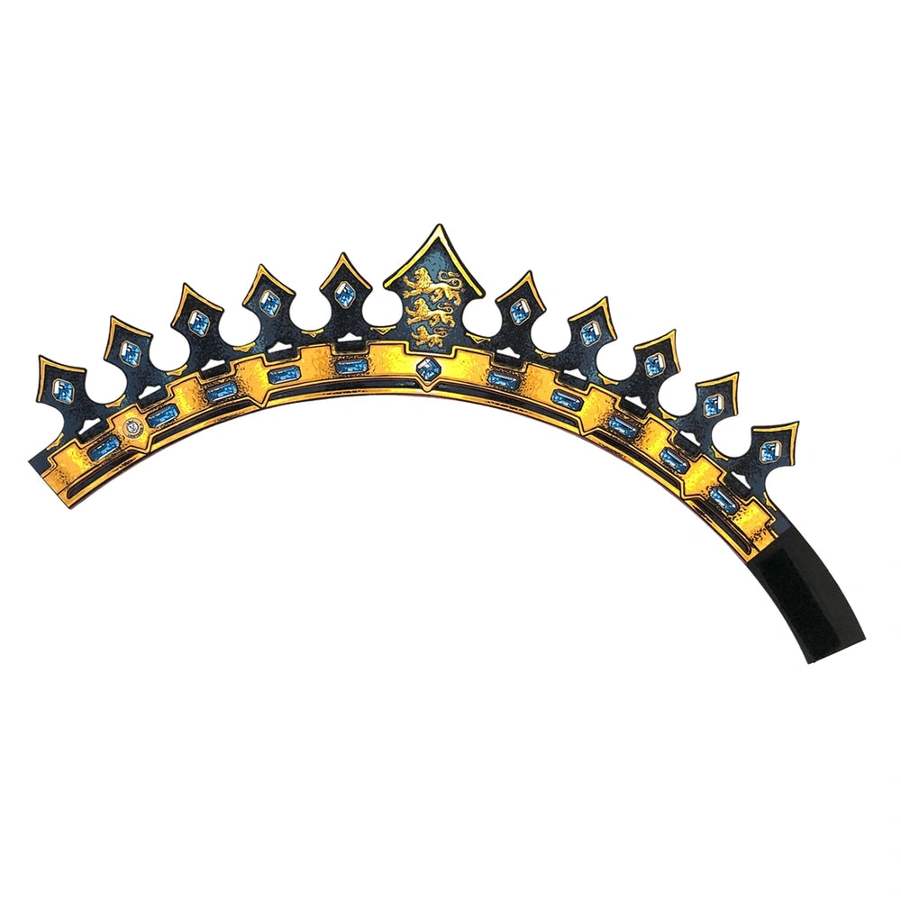 Liontouch King Crown featuring intricate blue and yellow designs, centered in a front view layout.