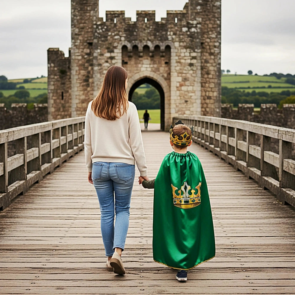 Green Kingmaker cape with gold crown emblem worn by child, as woman in white sweater holds hand on wooden bridge by castle.