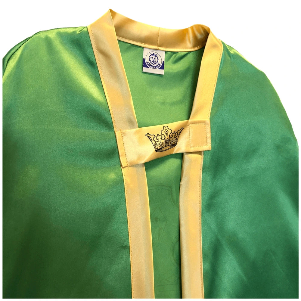 Vibrant green Liontouch Kingmaker Cape with glossy satin finish, gold trim, hood, belt, and decorative chest emblem.