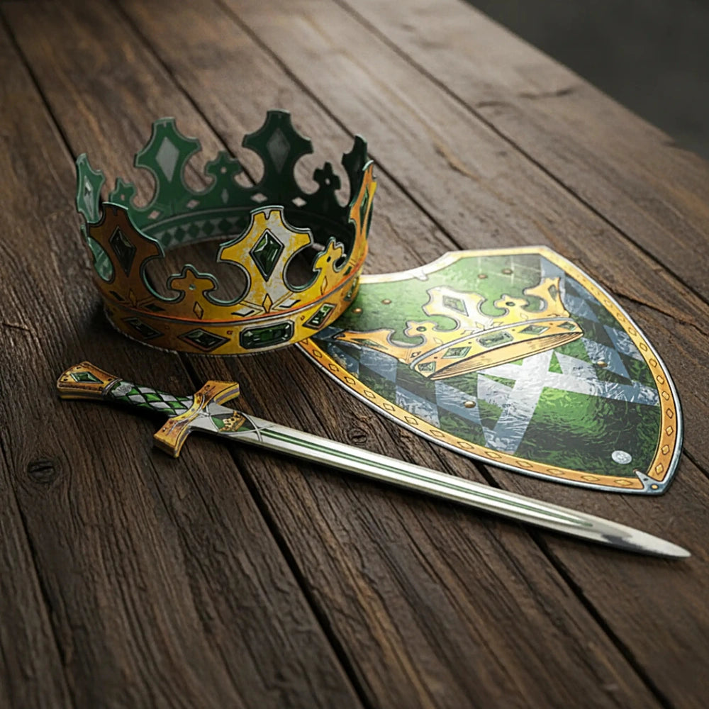 Kingmaker Sword with a metallic finish, accompanied by a glossy green and yellow crown and a matte shield featuring blue and 