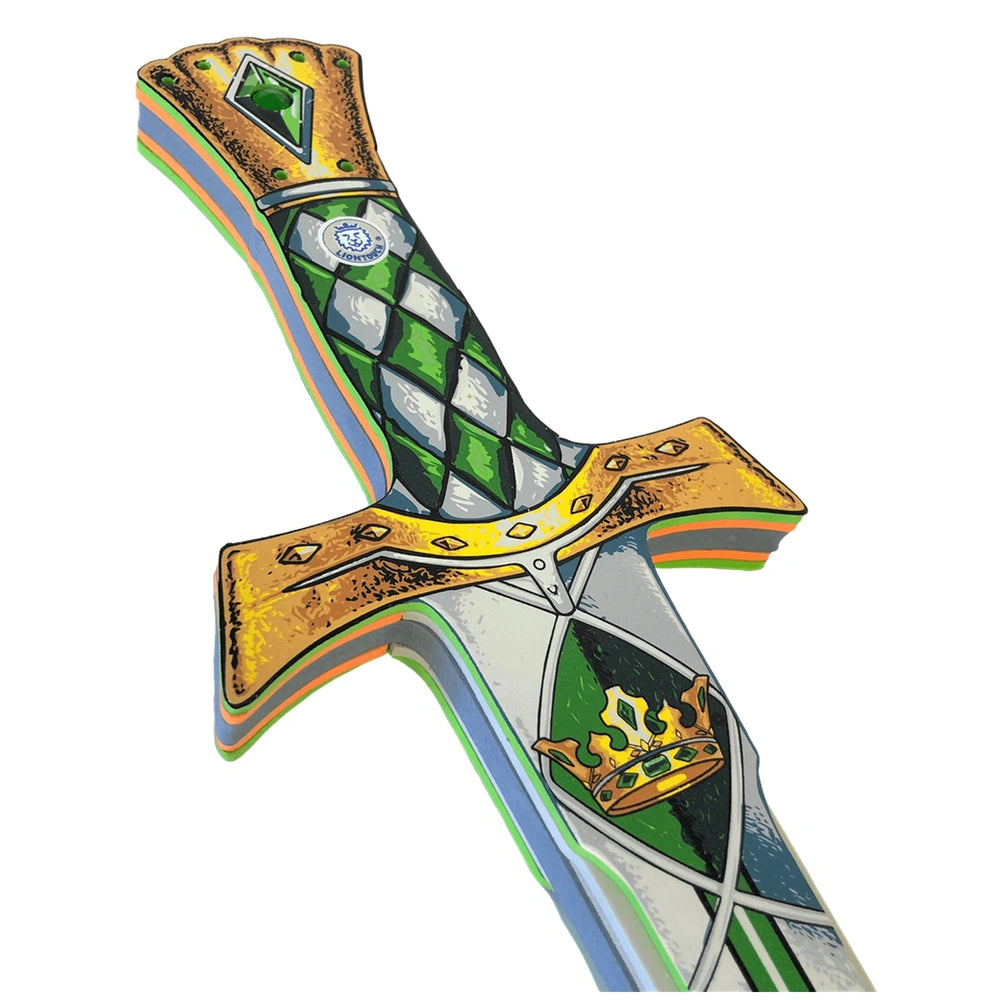 Liontouch Kingmaker Sword features a metallic silver blade, textured green and gold hilt, and decorative crossguard design.