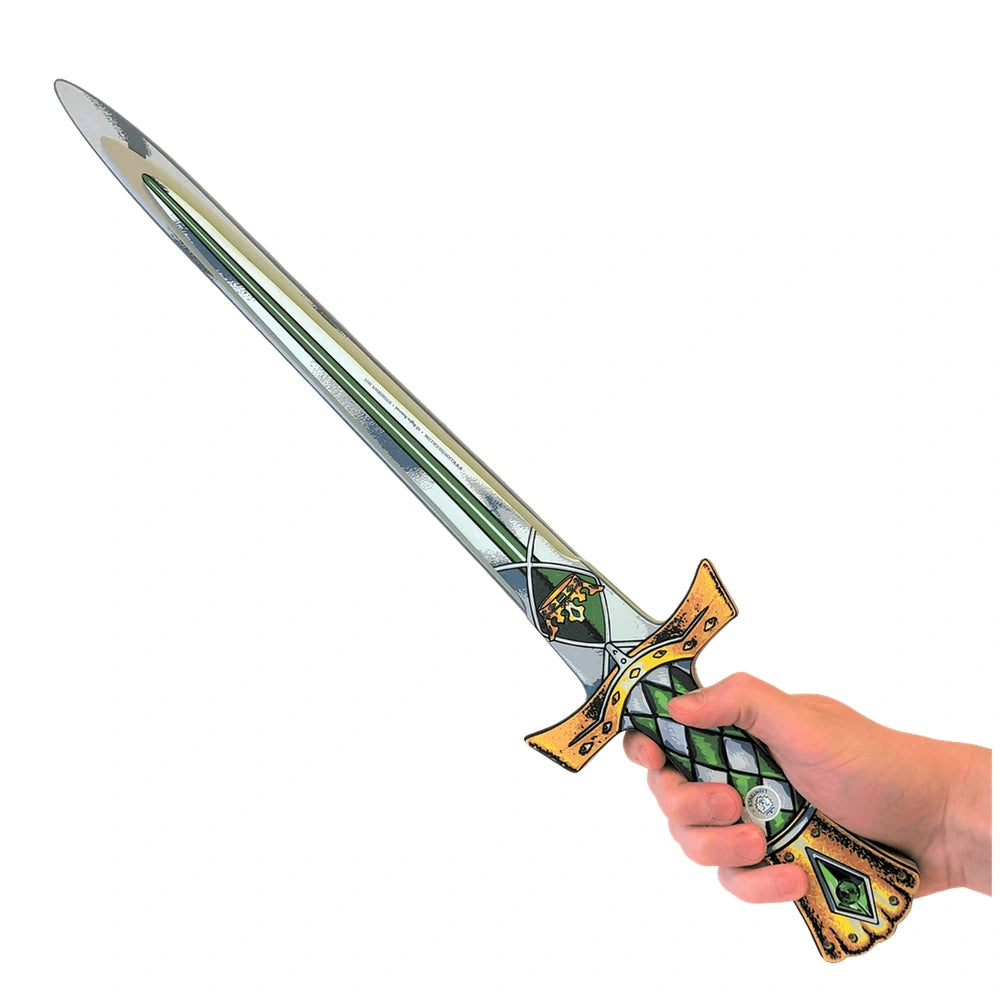 Kingmaker Sword with metallic finish, green and yellow patterned blade, black textured handle, and single crossguard.