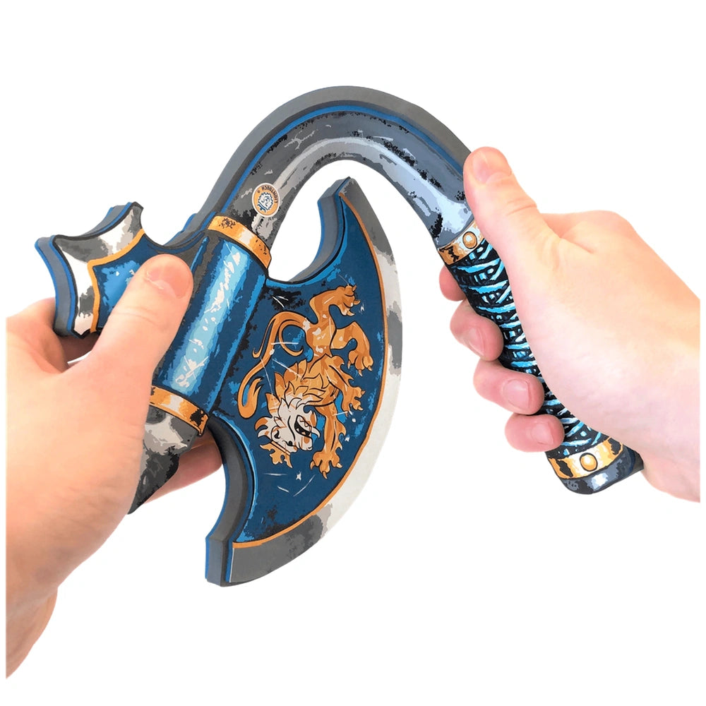 Liontouch Knight Axe in blue with gold accents, silver blade, and black grip, designed for pretend professions and role playi