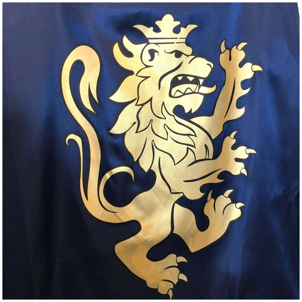 Liontouch Knight Cape in blue featuring a golden stylized lion emblem with a crown and fierce expression on a dark blue backg