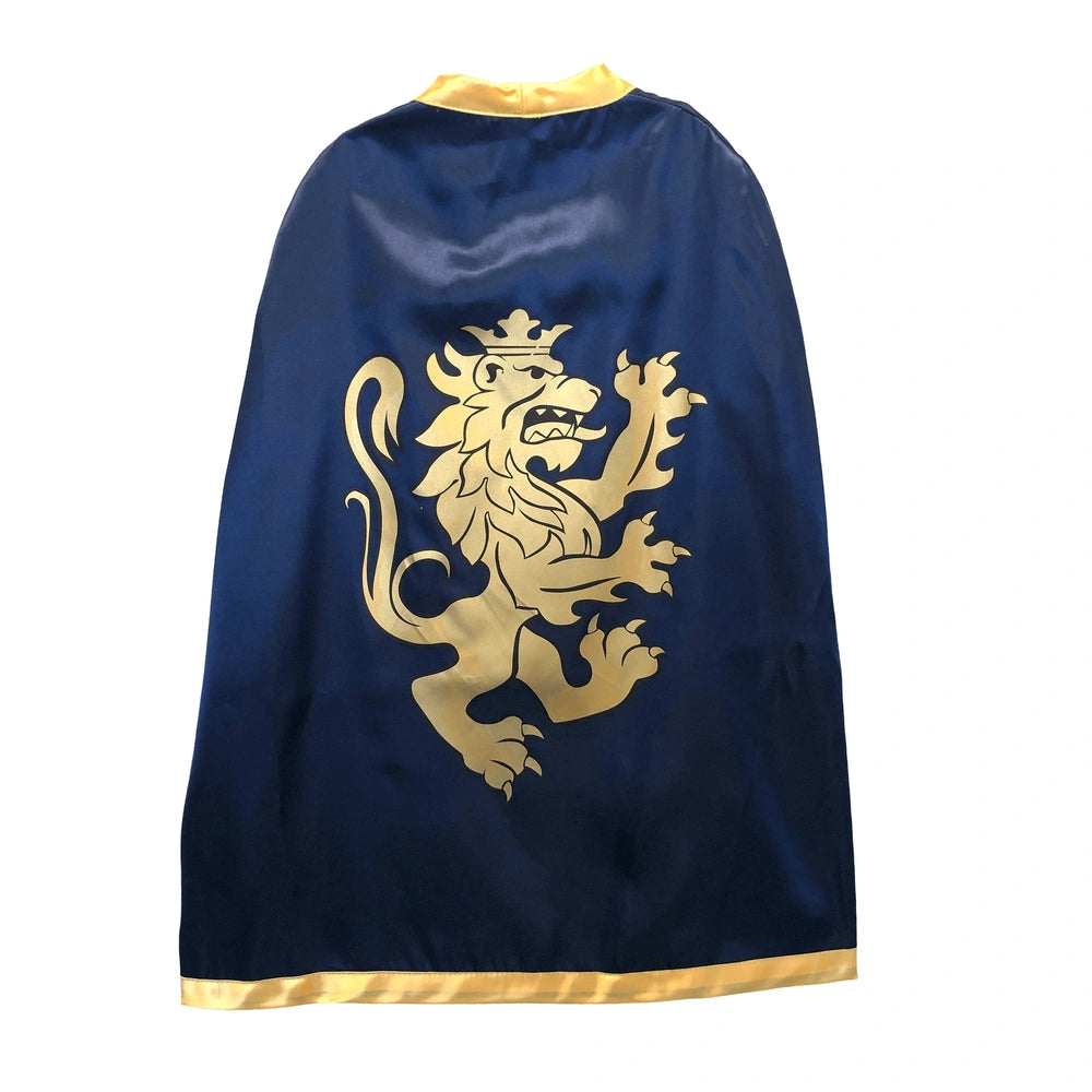 Liontouch blue knight cape featuring a gold lion emblem, designed for pretend professions and role playing.