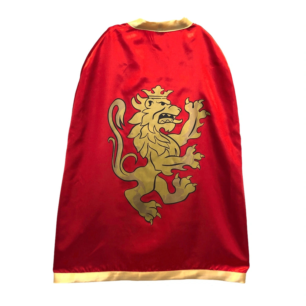 Liontouch red knight cape features a central golden lion emblem with a smooth fabric and gold trim along the border.