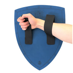 Blue Liontouch Knight Shield with two black straps, designed for pretend professions and role-playing.