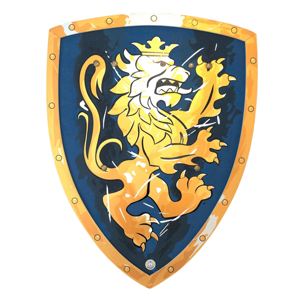 Blue knight shield featuring a roaring lion emblem with a golden border and yellow details, perfect for role playing.