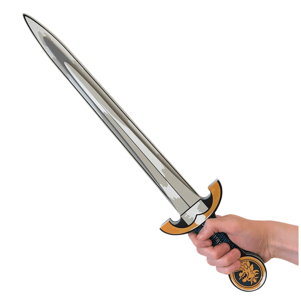 Liontouch Knight Sword in blue with a metallic blade and decorative handle, held by a hand against an unclear background.