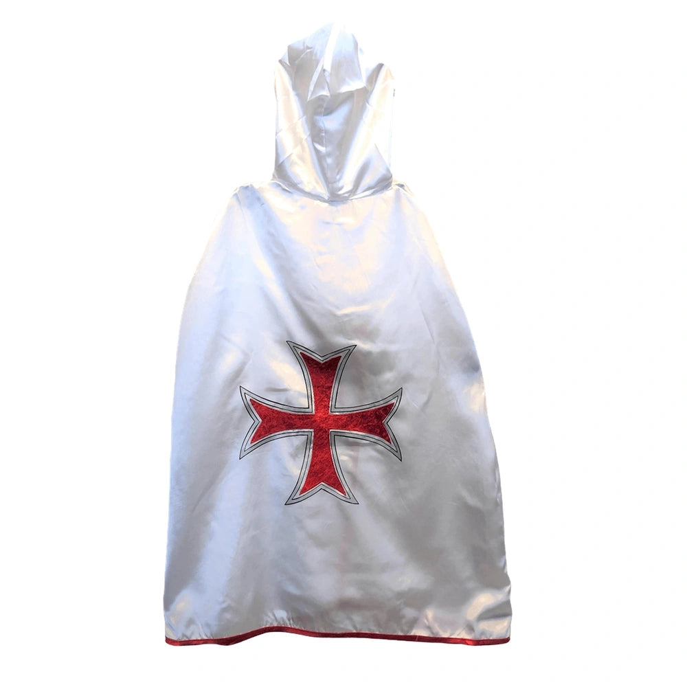 Silver Maltese cape with red and black cross, featuring a hood and hem, designed for pretend play as a Maltese knight.