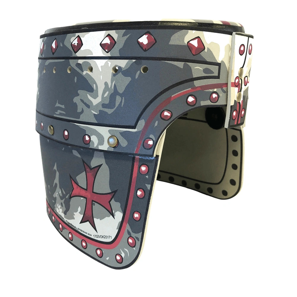 Maltese Knight helmet in gray with red and black accents, featuring studs, a red cross, and product code 1200141.