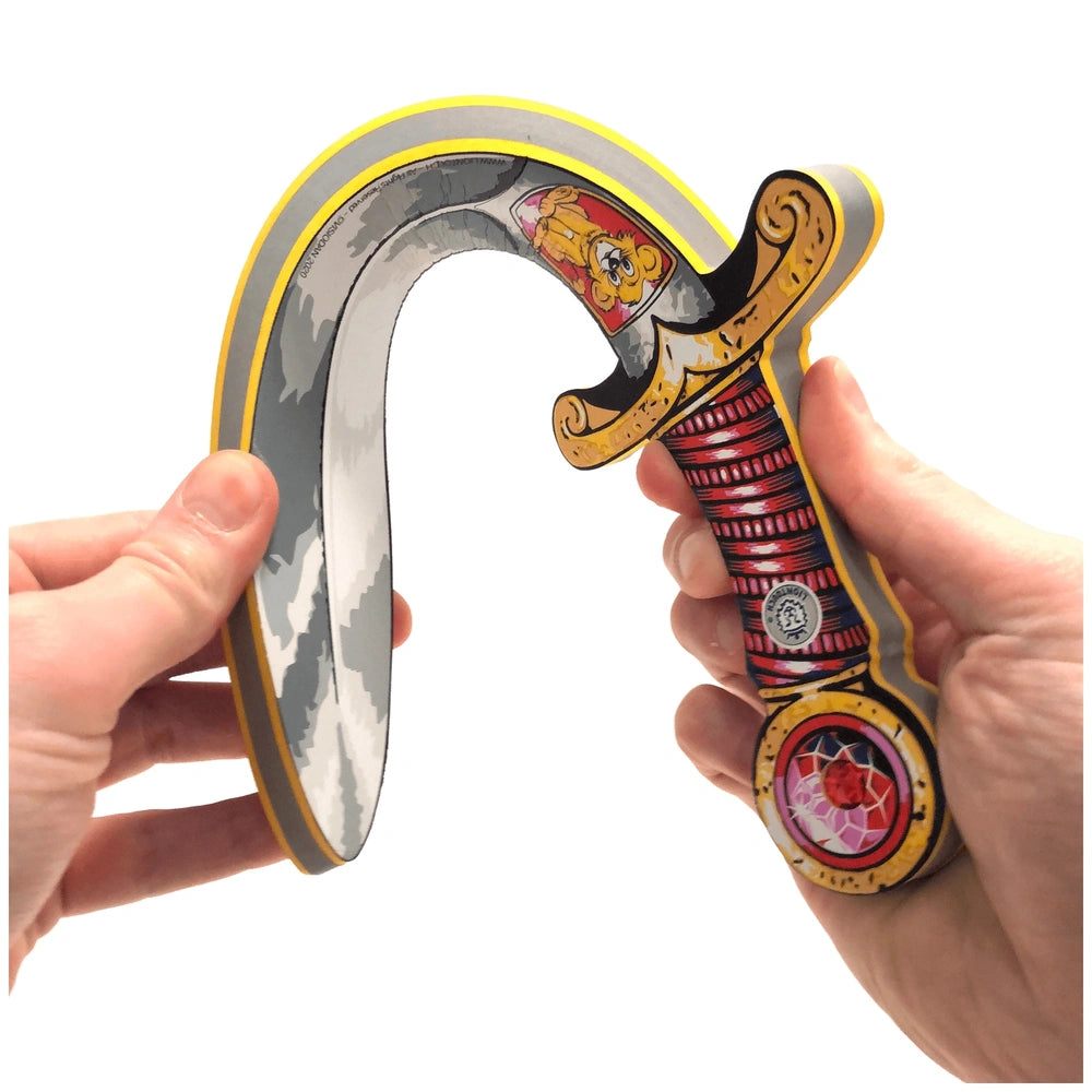 Mini Lion Sword in red and black with a gray handle, silver blade, and emblem featuring a flower design.