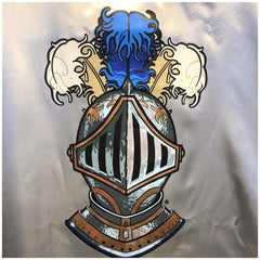 Liontouch Mystery Knight Cape featuring a blue top, white middle, and brown bottom, includes a helmet, crest, and hair.