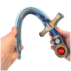 Liontouch Mystery Knight sword features a silver handle, blue and gold blade, brown and blue hilt, and a red gemstone.