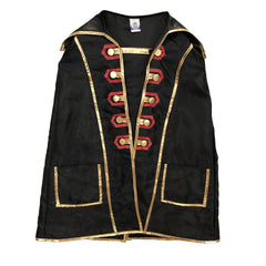 Liontouch Pirate Cape features black fabric with gold trim and buttons, designed for pretend play and role playing.