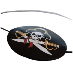 Liontouch Pirate Eye Patch features a skull with crossbones, red bandana, and crossed swords, all in black and white.