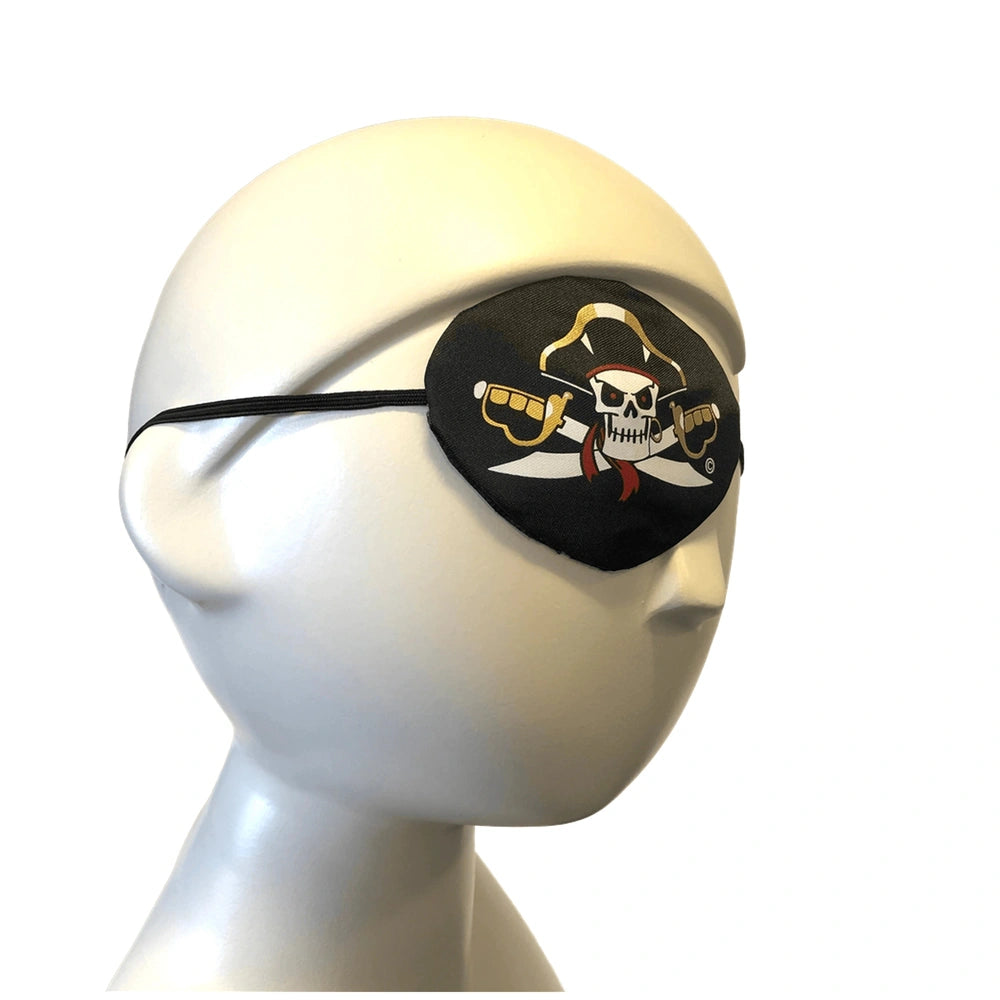 White pirate eye patch featuring a black skull and crossbones design, with a matte finish for pretend play.