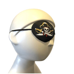 White pirate eye patch featuring a black skull and crossbones design, with a matte finish for pretend play.
