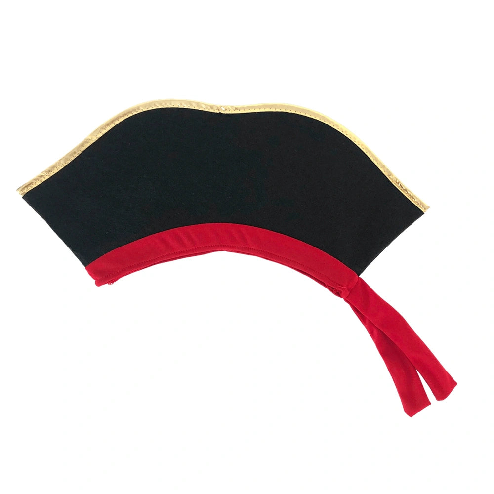 Liontouch Pirate Hat features black fabric with a red stripe and gold trim, designed for pretend play and role-playing.