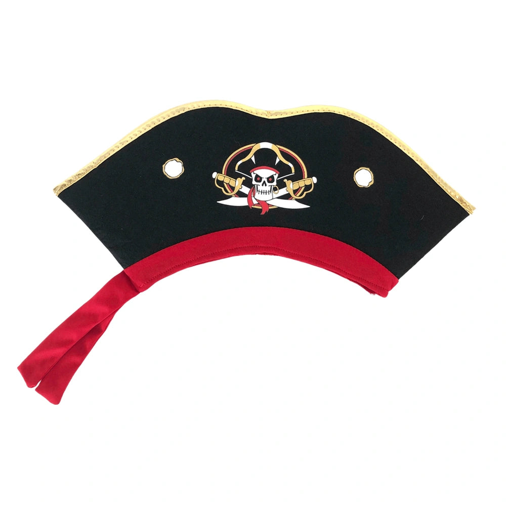 Pirate hat with black fabric, red stripe, gold metallic edges, and white skull and crossbones design, folded into a triangula