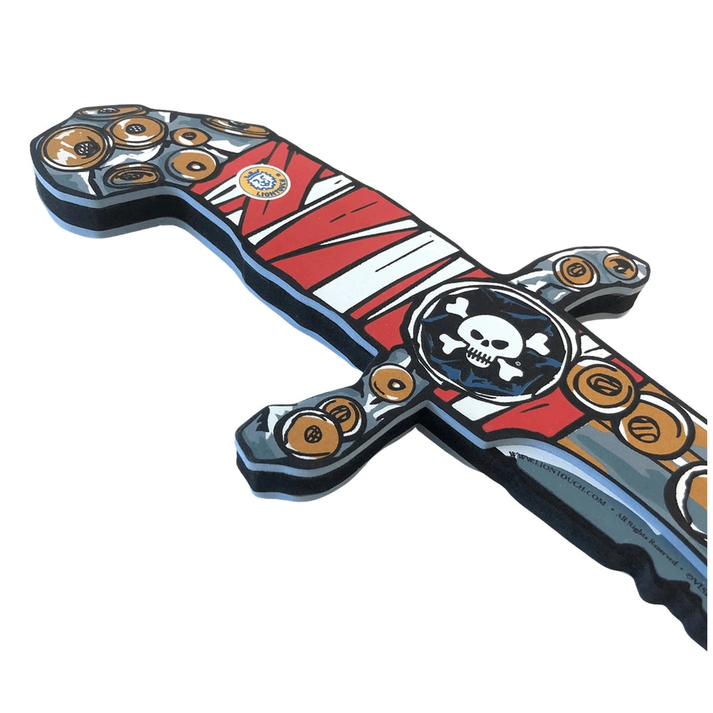 Liontouch Pirate Knife features a black and white skull design on a red and white striped background with matte and glossy fi