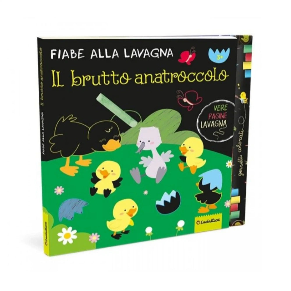 Ludattica Fiabe Alla Lavagna book packaging features colorful animal illustrations and text "Il brutto anatroccolo" on a blac