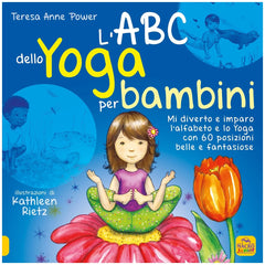 MACRO JUNIOR - ABC of Yoga for Kids book cover features colorful illustrations on a glossy blue background with white and yel