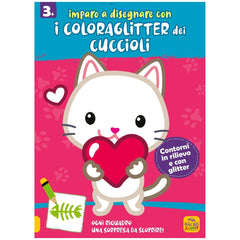 MACRO JUNIOR drawing book features a white cat, red heart, green fish, and yellow pencil on a pink glitter background.
