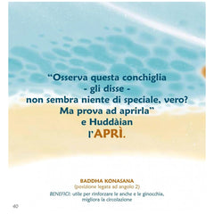 MACRO JUNIOR book features an Italian quote about a conchiglia and includes "Badhha Konasana" with subtitle on textured backd