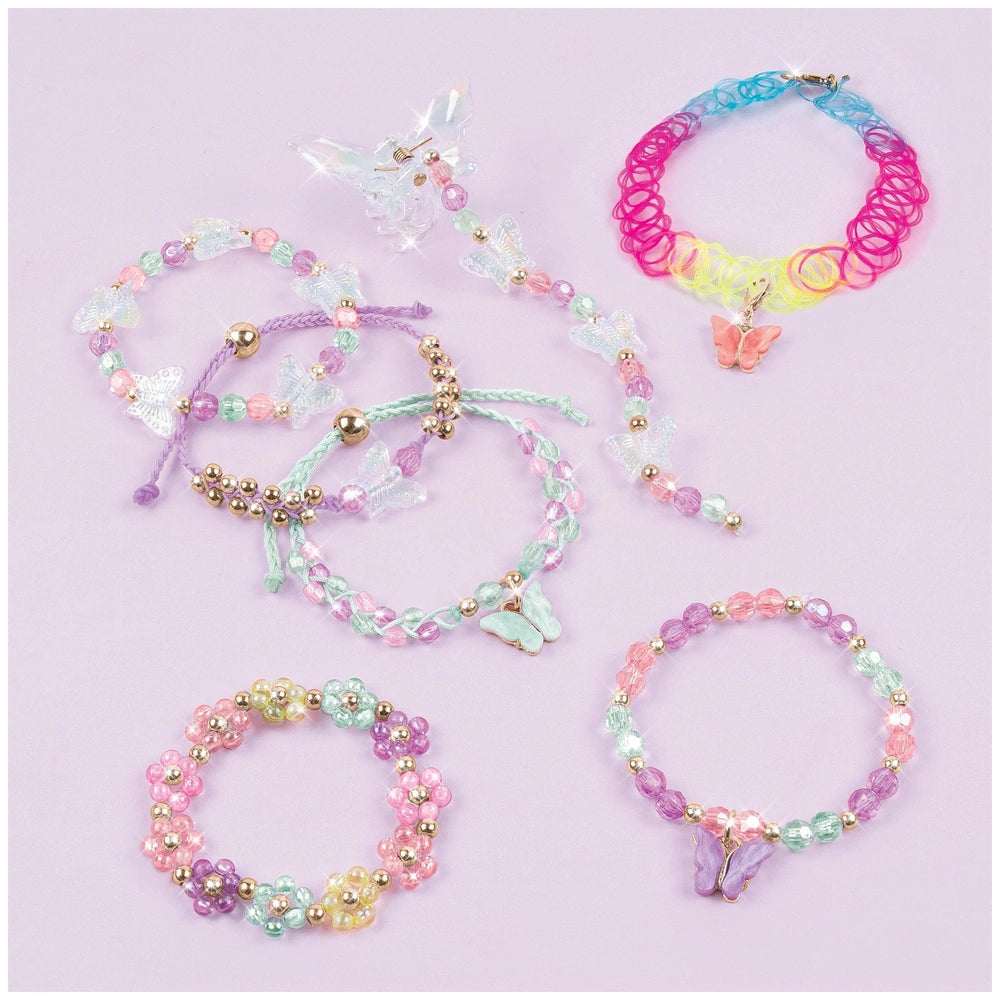 Butterfly jewelry set featuring colorful bracelets with beads and charms in pink, blue, yellow, green, and purple.