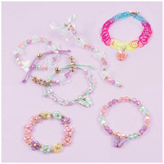 Butterfly jewelry set featuring colorful bracelets with beads and charms in pink, blue, yellow, green, and purple.