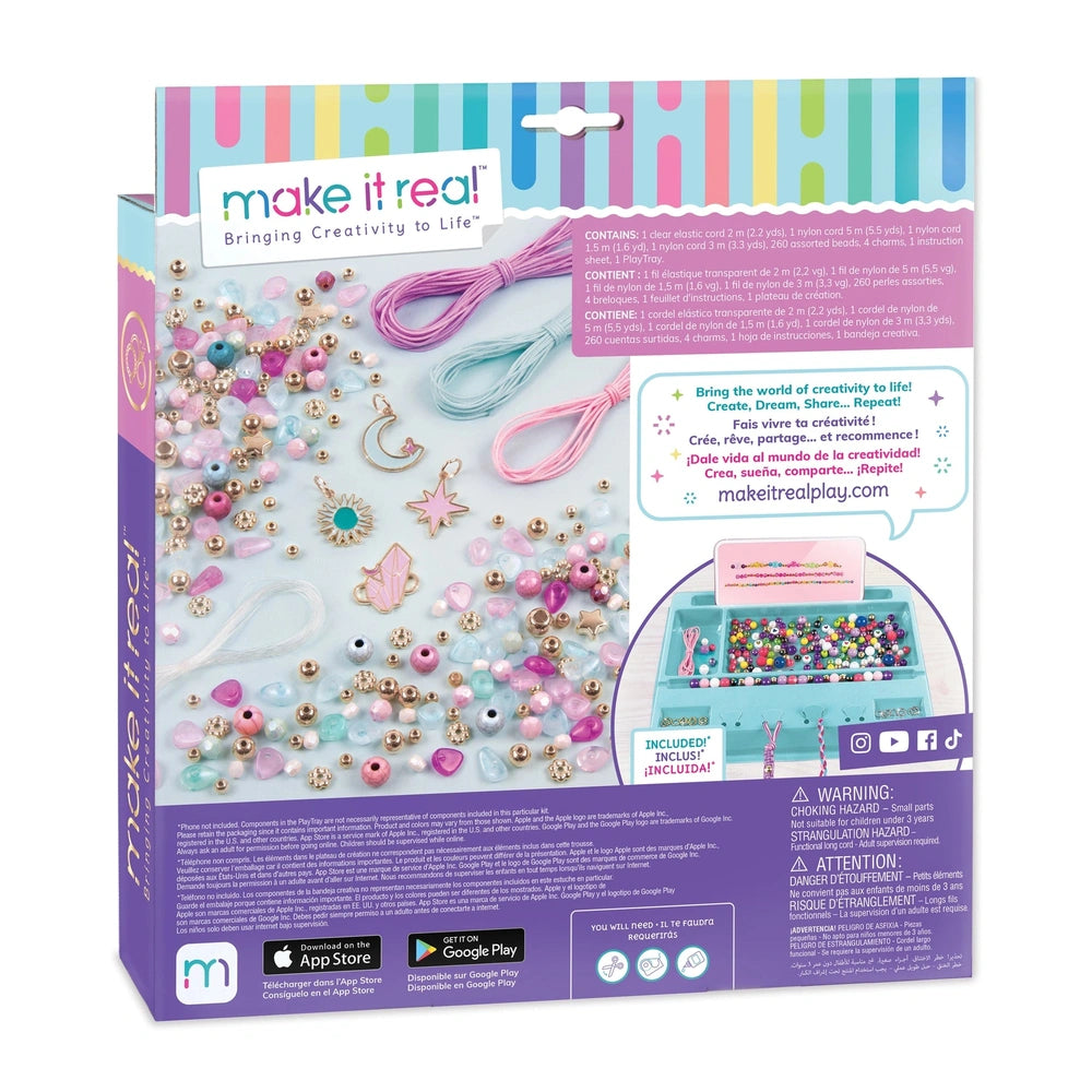 Celestial Stones Bracelets retail packaging with colorful striped background, clear window, and multiple white and blue logos
