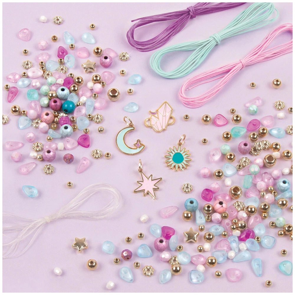 Celestial Stones Bracelets featuring colorful transparent beads and gold charms on a matte purple background.