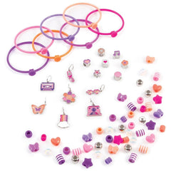 DIY Fashion Bracelet Set features smooth pink and orange bracelets with glossy plastic beads and charms in various shapes.