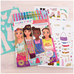 Fashion Design Sketchbook Blooming Vibes in matte cardboard packaging with colorful accents and a transparent plastic window.
