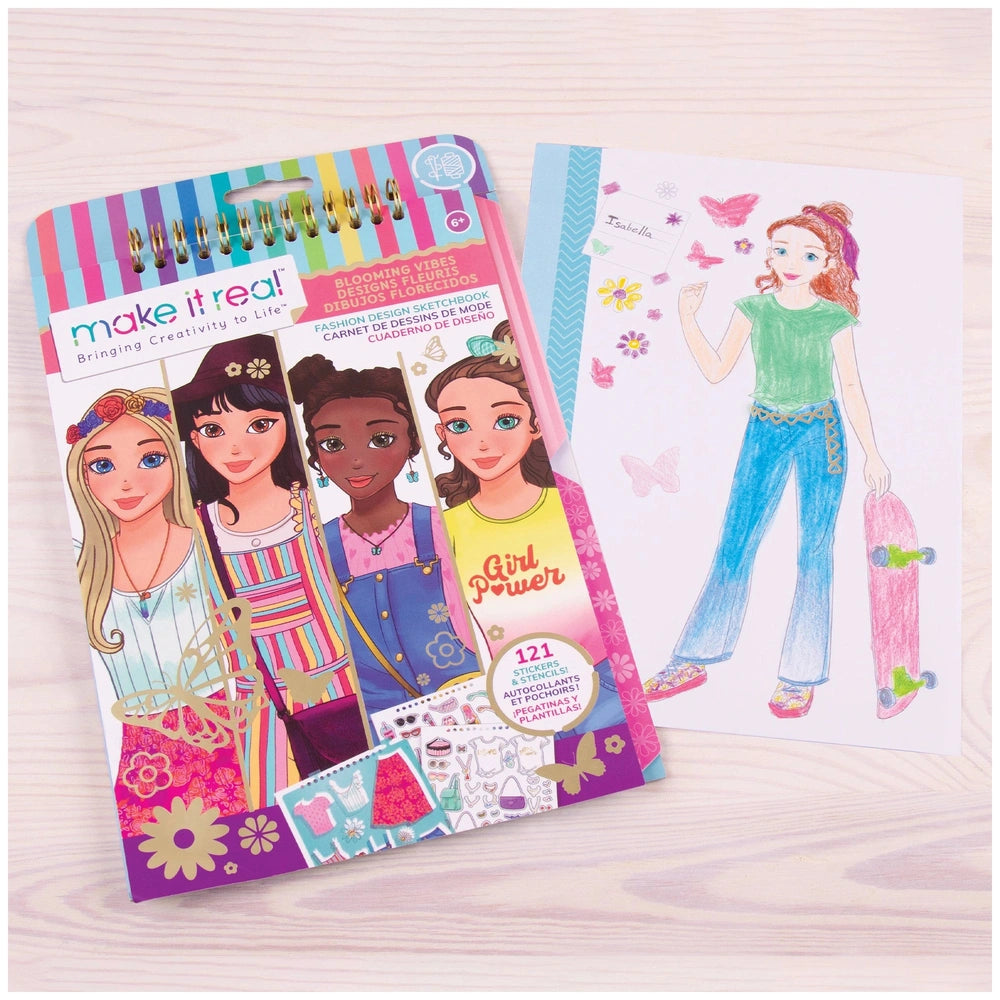 Fashion Design Sketchbook Blooming Vibes with colorful illustrations, transparent window, and text highlighting "Girl Power" 