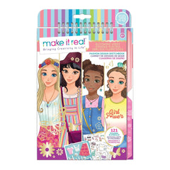 MAKE IT REAL Fashion Design Sketchbook with animated girls, floral designs, and colorful gradient packaging featuring sticker