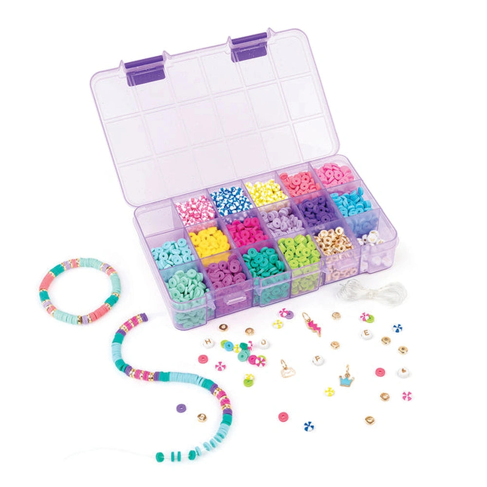 Heishi Craze beads set in a plastic container with compartments, showcasing colorful plastic beads for crafting jewelry.