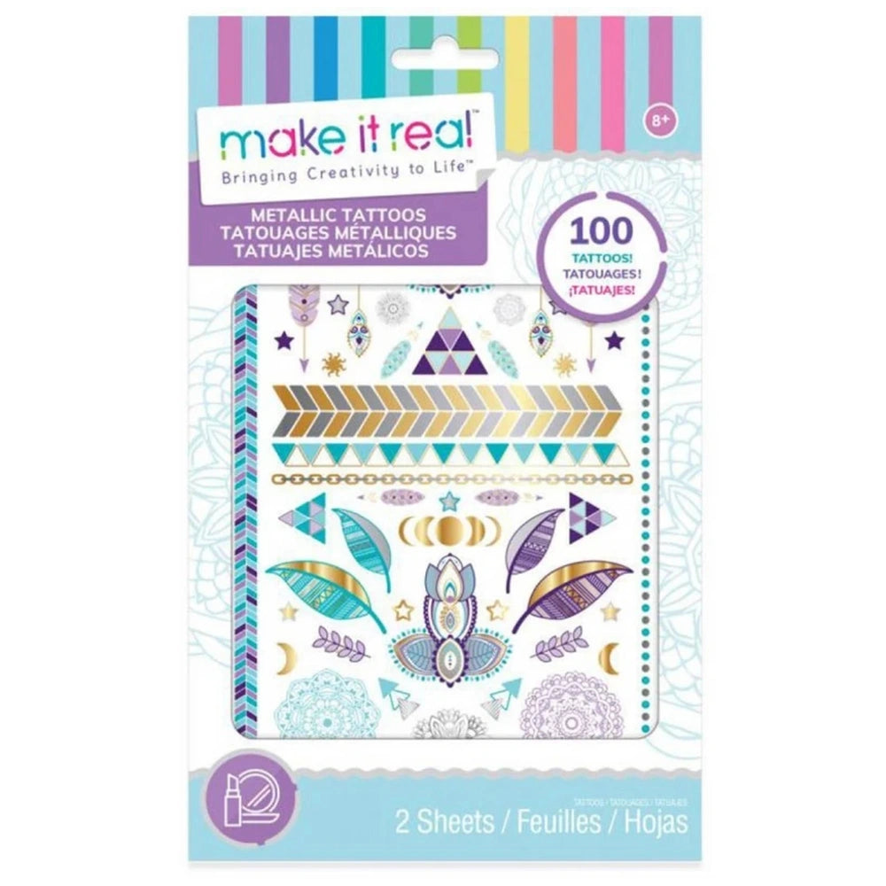 MAKE IT REAL Metallic Tattoos packaging features a glossy window, colorful graphics, and includes 2 sheets of adhesive tattoo